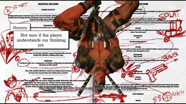 Deadpool sudah menabrak dinding keempat sejak awal permainan. Ia diceritakan tengah terlibat dalam sebuah video game yang tengah dikembangkan oleh High Moon studios. 