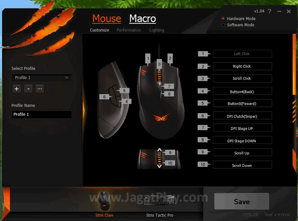 Strix Claw juga hadir dengan dukungan perangkat lunak yang mudah dikuasai untuk memodifikasi beberapa fungsi - terutama menyuntikkan makro.