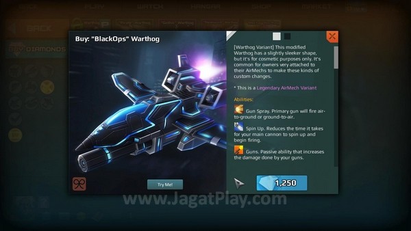 Review AirMech: MOBA Mecha Full Action! 3 Anda dapat membeli varian Mech yang lebih keren dengan menggunakan fasilitas uang premium
