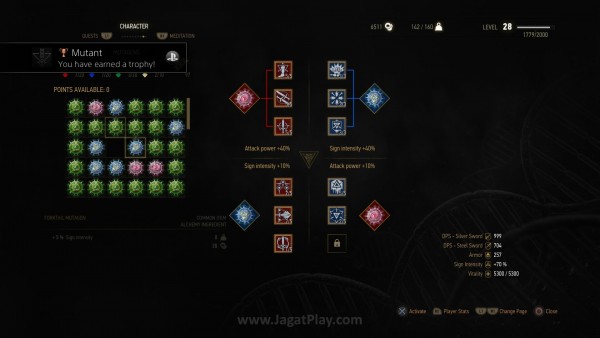 Review The Witcher 3: Pengalaman RPG Tanpa Banding! 21 Kenaikan level akan membuka Ability Points yang bisa didistribusikan ke pohon skill yang terbagi atas beragam kategori. Untuk memperkuat efeknya? Anda bisa menggunakan  mutagen dengan warna yang sama.