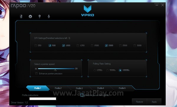 Review Rapoo VPRO V20: Bagaikan Memegang Cahaya! 6 Setting DPI, sensitivity, dan Pooling Rate dapat disimpan di mouse