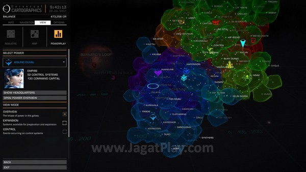 Daerah yang dimiliki oleh kekuatan politik dapat dilihat dengan kode warna di peta galaksi