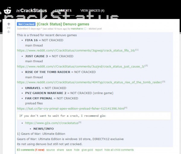 Sub-Reddit yang berfokus pada pembajakan seperti r/Crackstatus juga memastikan bahwa game-game ini belum dipecahkan.