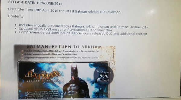 Tiga seri Batman: Arkham selain Origins kabarnya akan dirilis dalam bentuk HD Collection untuk Playstation 4 dan Xbox One.