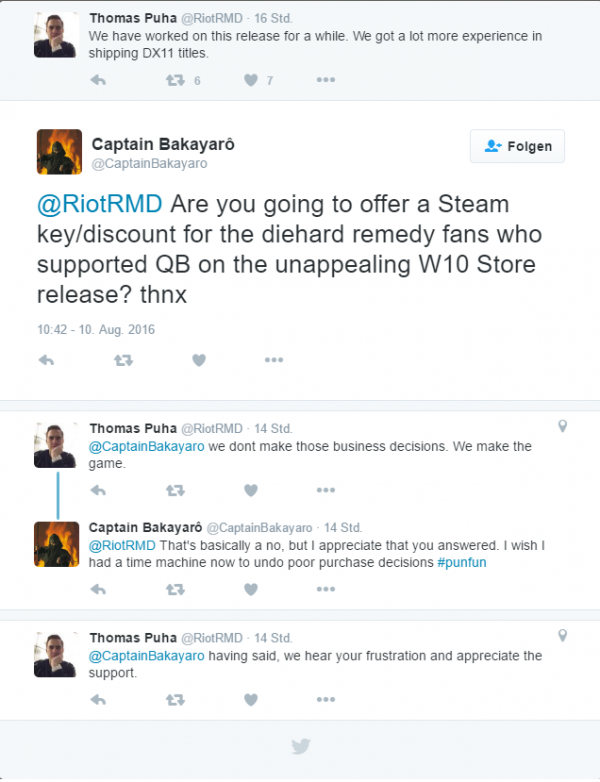 Quantum Break versi Win 10 tak akan mendapat update DX11. Gamer yang ingin memainkan versi DX11 harus membeli lagi dari Steam.