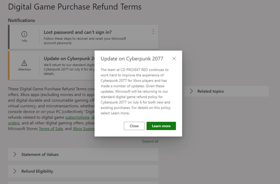 cyberpunk 2077 refund policy